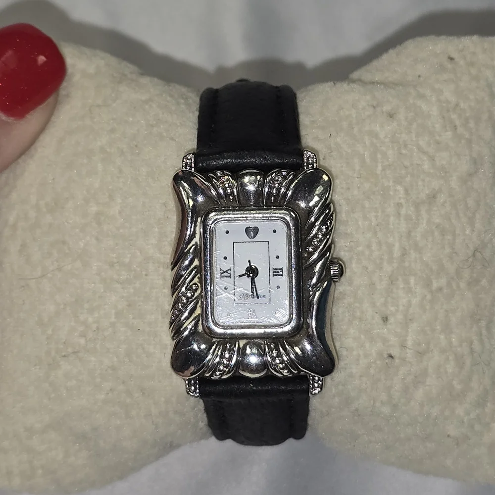 Brighton Daytona Watch Silver‎ Tone Decorative Bezel Black Leather Band